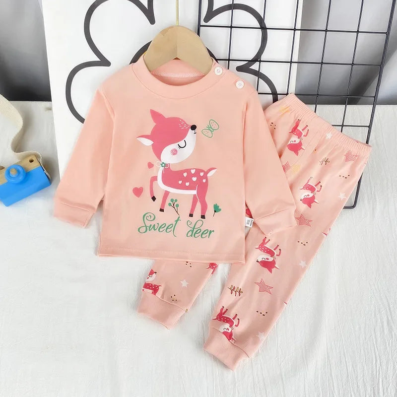 New Kids Boys Girls Pajama Sets Cartoon Print Long Sleeve Cute T-Shirt Tops with Pants Toddler Baby Sleeping Clothing Sets