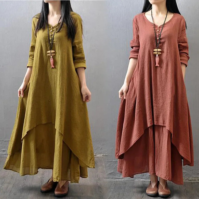 CH.KOUROSH  Spring Autumn New Two-piece Illusion Long Dress Artistic Wide Hemming Hemp Dress Loose Fit Long Sleeve Cotton Hemp Skirt