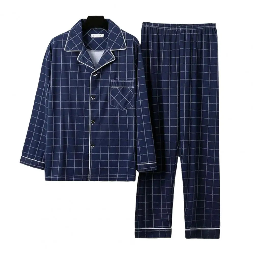 Men Pajama Set Cozy Polyester Pajamas Stylish Men's Fall Winter Pajama Set Striped Plaid Print Color Matching Lapel