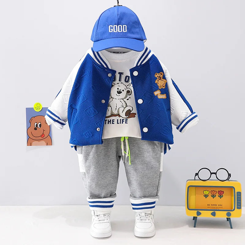 0-4 years old autumn new fashion cute car baby suit boys and girls long-sleeved striped three-piece children's sports suit