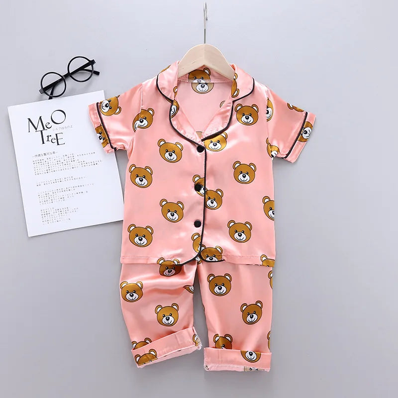 Children Silk Satin Pajamas Set Baby Boys Girls Cartoon Little Bear Tops Trousers 2Pec Spring Autumn Kids Casual Home Sleepwear