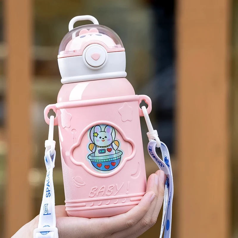 Children' Cartoon Straw Water Thermos  SeBottle Portablealed LeakProof Keep Warm Mug Stainless Steel Kids' Outdoor Thermal Cups