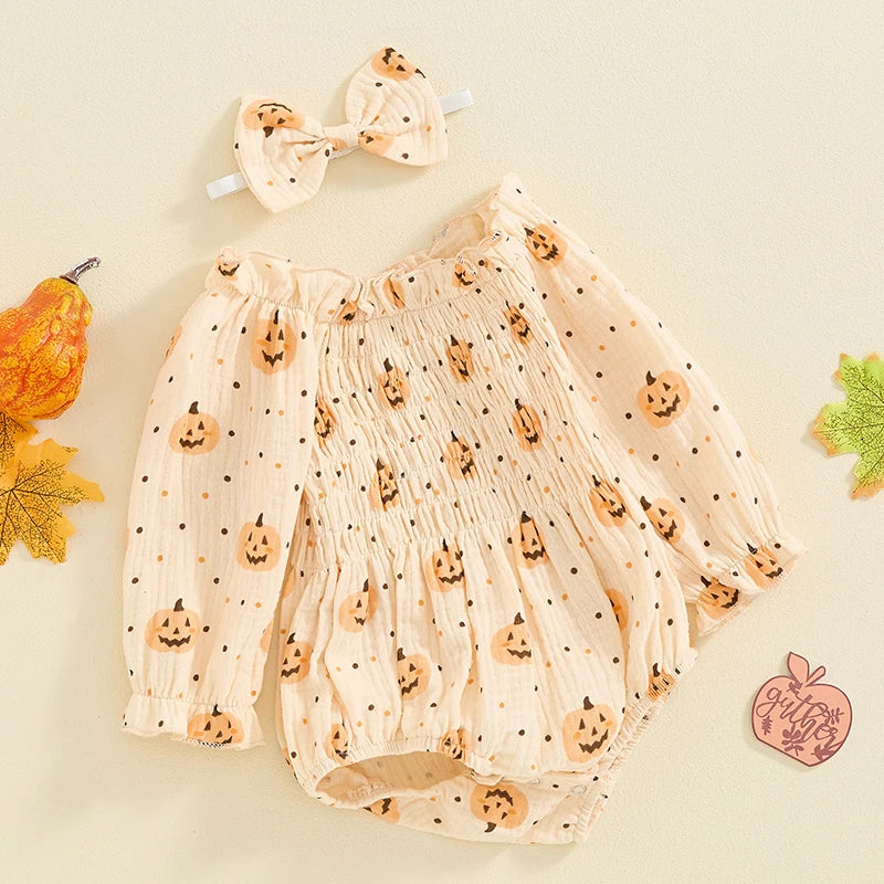 Baby Clothing Girls Halloween Casual Romper Long Sleeve Ruffle Collar Pumpkin Print Jumpsuit with Headband Newborn Clothes