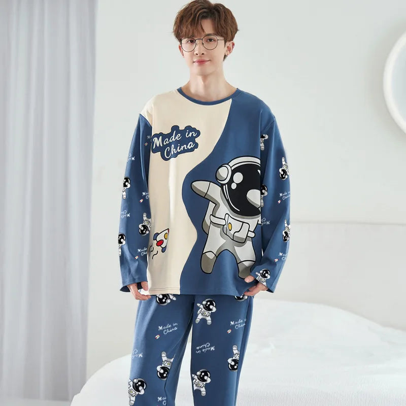 Plus Size Men Pajamas Autumn Winter Long-Sleeved Loose Leisure 2PCS/Set Letters Astronaut Blue O-Neck Soft Casual Sleepwear Xxxl