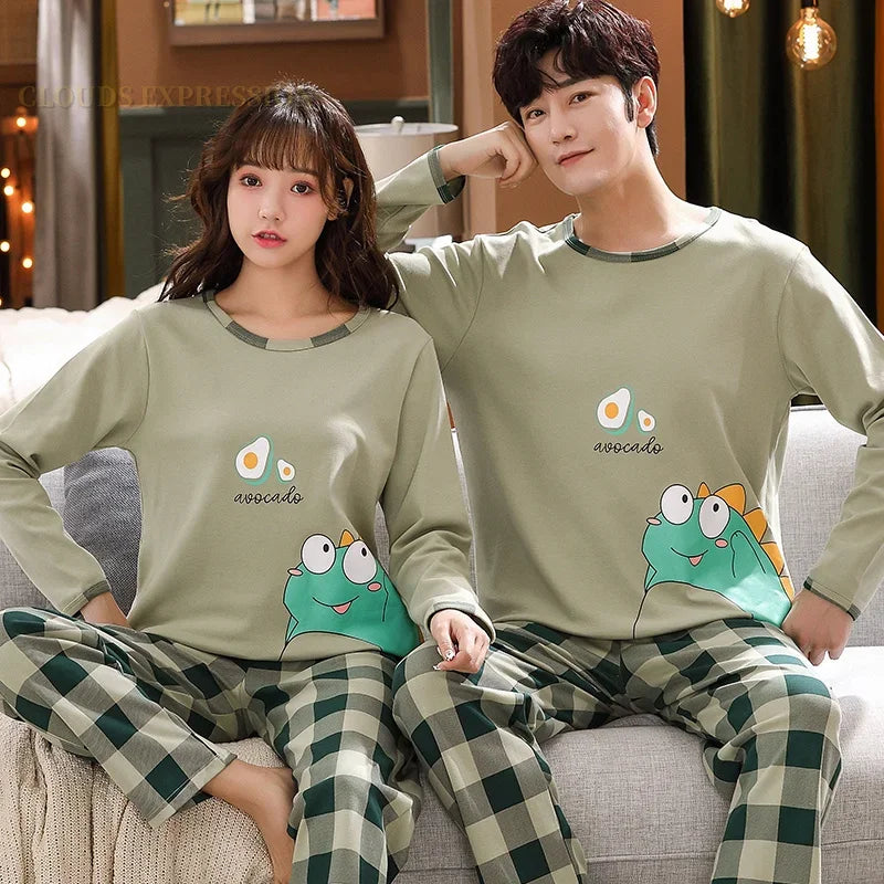 Spring Autumn Knitted Cotton Cartoon Men's Pyjamas Plaid Pajamas Set Casual Male Sleepwear Pyjamas Night Pijamas 4XL Homewear