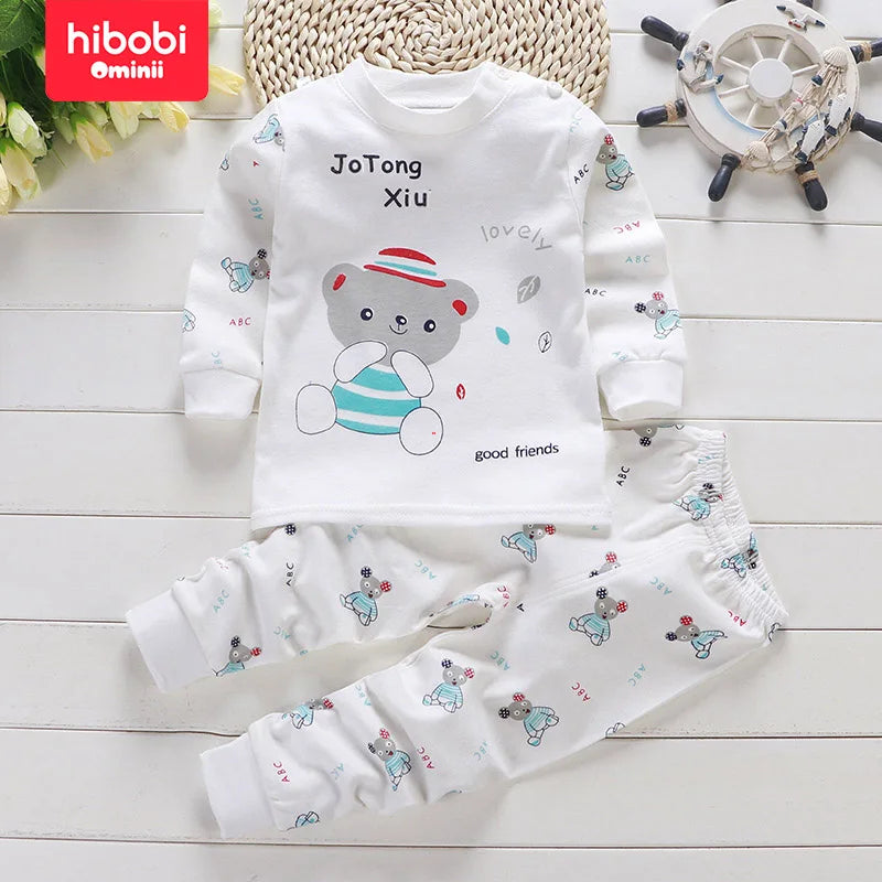 hibobi 2-Piece 100% Cotton Children's Autumn And Winter Round Neck Warm Home Clothes Set Cute Bear Pajamas And Pajama Pants Set