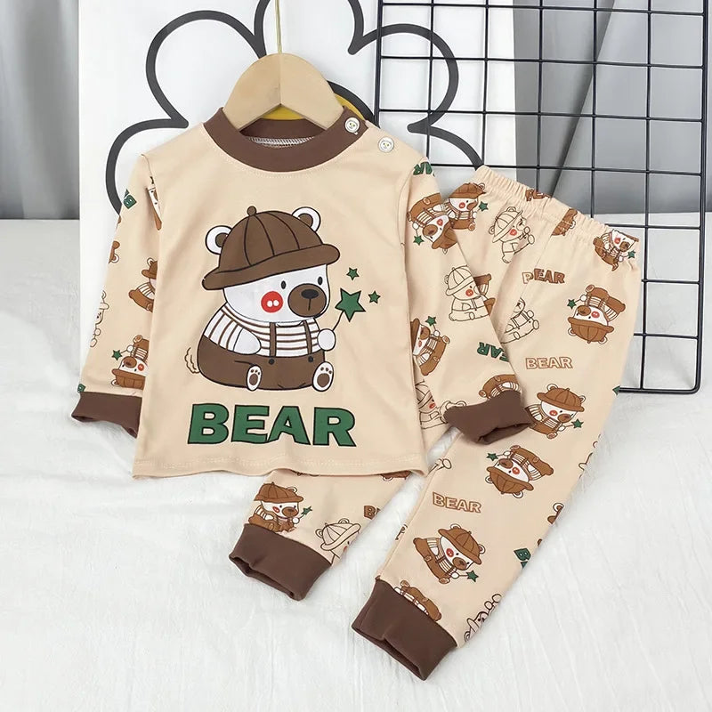 New Kids Boys Girls Pajama Sets Cartoon Print Long Sleeve Cute T-Shirt Tops with Pants Toddler Baby Sleeping Clothing Sets