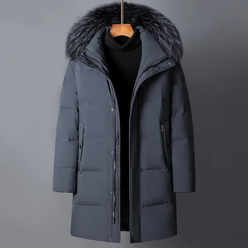 CH.KOUROSH 2024 Men’s Duck Down Winter Jacket - Mid-Length, Thick, with Fur Collar & Detachable Hood