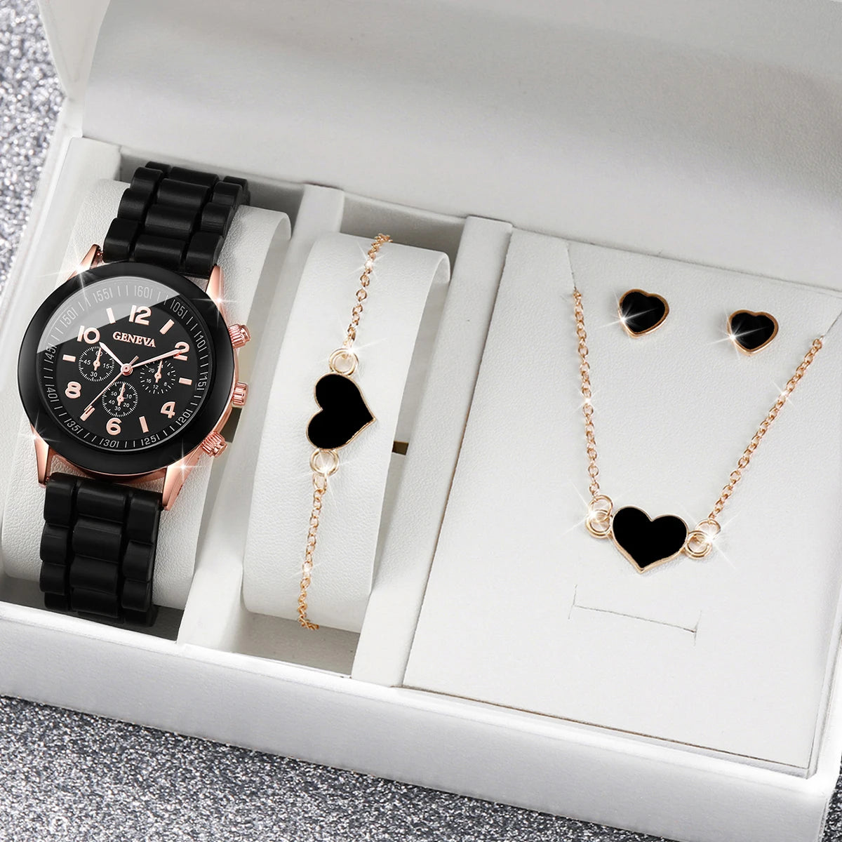 Luxury Women’s Jewelry Set with Watch, Necklace, Earrings & Ring - Gold Rhinestone Design