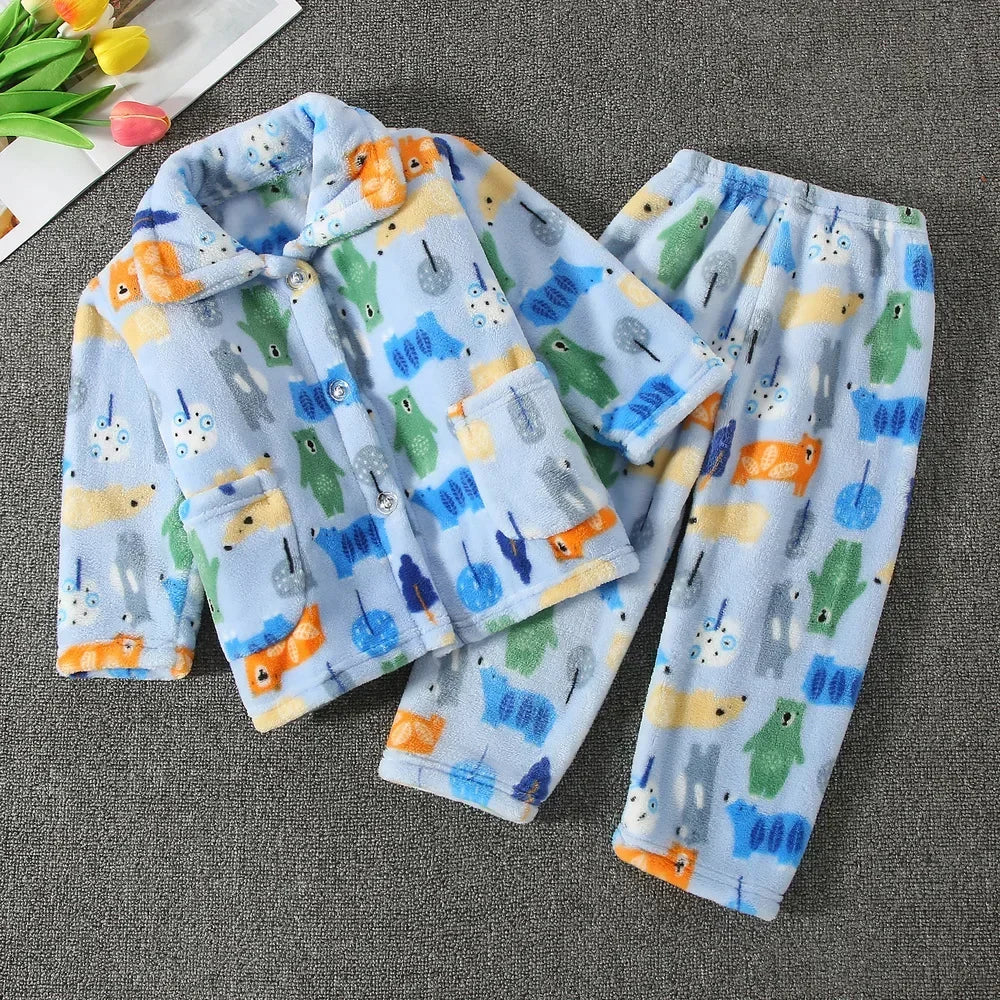 New Kids Boys Girls Autumn Winter Soft Flannel Pajamas Sets Cartoon Long Sleeve Lapel Tops with Pants Pyjamas Sleepwear Clothing