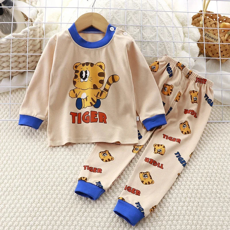 New Kids Boys Girls Pajama Sets Cartoon Print Long Sleeve Cute T-Shirt Tops with Pants Toddler Baby Sleeping Clothing Sets