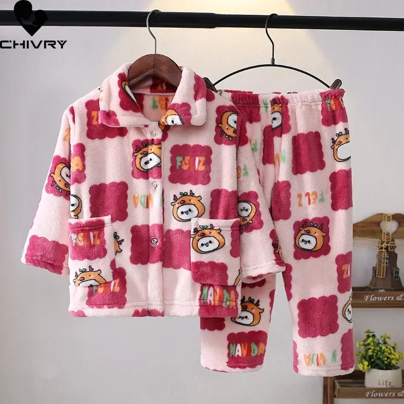 New Kids Boys Girls Autumn Winter Soft Flannel Pajamas Sets Cartoon Long Sleeve Lapel Tops with Pants Pyjamas Sleepwear Clothing