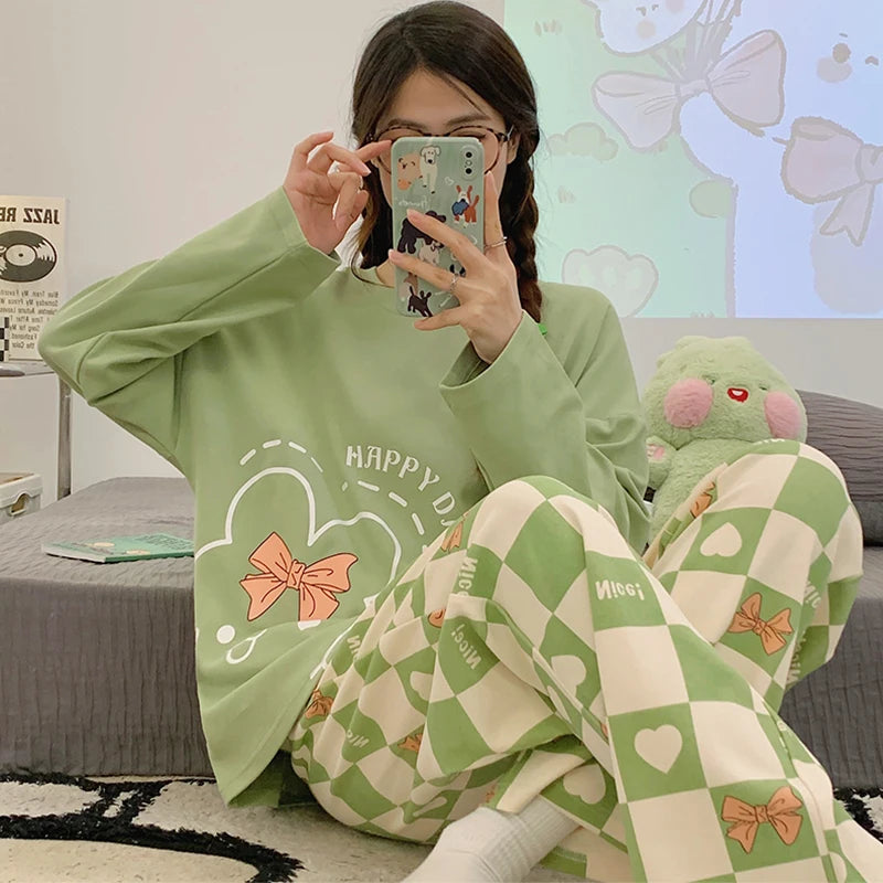 Green Women Pajamas Set Cute Kawaii Long Sleeves Long Pants Autumn Winter Soft Sleepwear Cozy Pyjamas Girl Pijamas Ladies Nighty