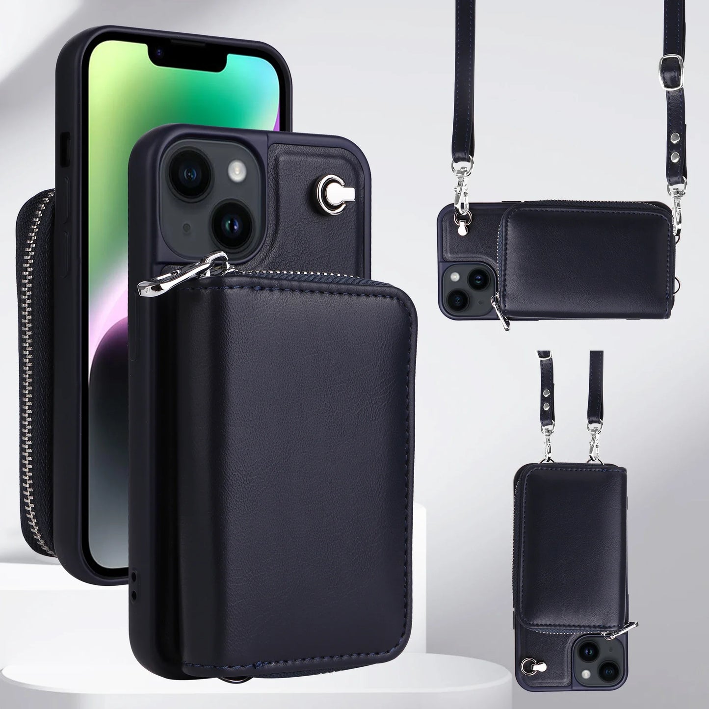 Crossbody Lanyard Phone Case for IPhone 15 14 13 12 11 Pro XR XS Max 8 7 Plus Zipper Wallet with Card Holder Back Stand Cover