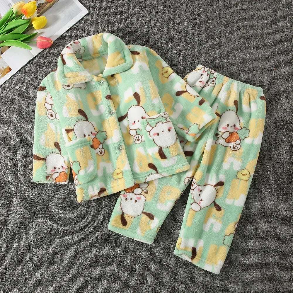 New Kids Boys Girls Autumn Winter Soft Flannel Pajamas Sets Cartoon Long Sleeve Lapel Tops with Pants Pyjamas Sleepwear Clothing