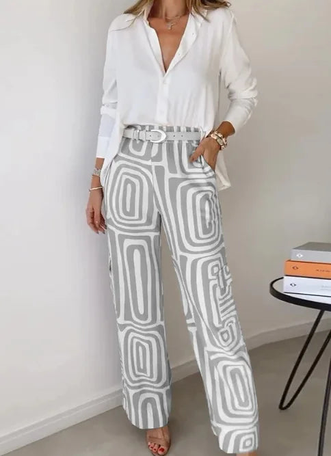 Leisure Women's Set 2024 Spring and Autumn New High end Sentiment Printed Temperament Shirt Loose Pants Two piece Set