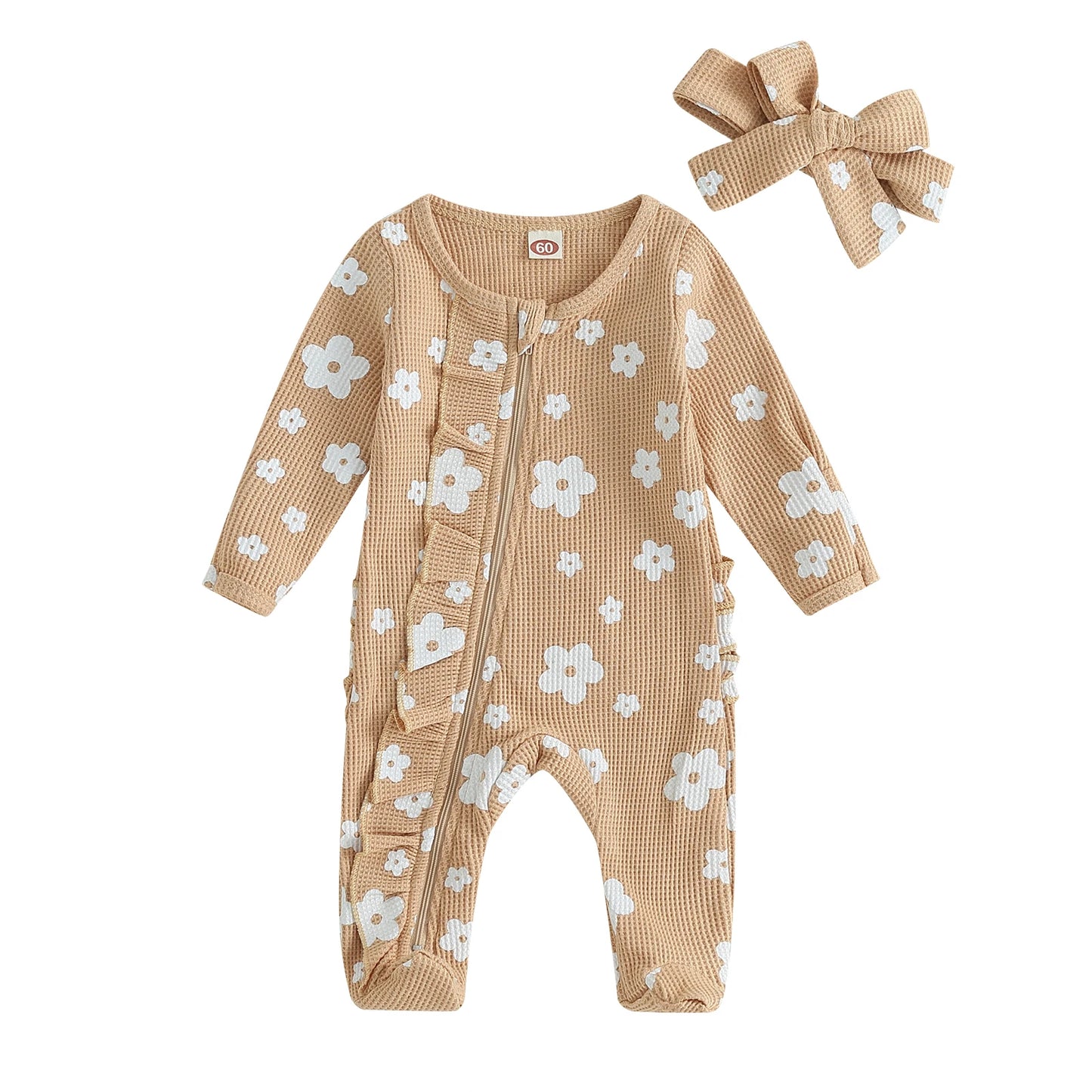 Newborn Baby Girl Ruffle Romper Waffle Knit Floral Footed Jumpsuits Long Sleeve Zipper Footie Fall Winter Outfits Baby Clothing