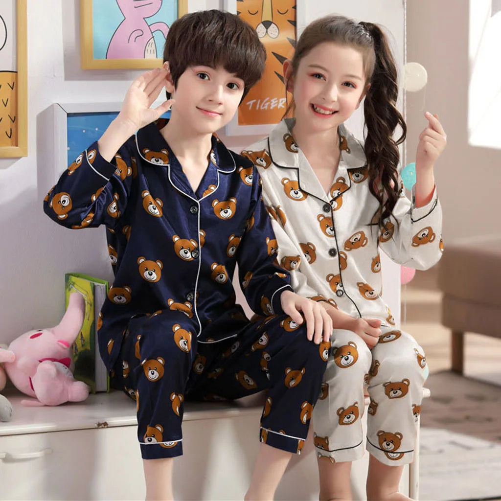 Children Silk Satin Pajamas Set Baby Boys Girls Cartoon Little Bear Tops Trousers 2Pec Spring Autumn Kids Casual Home Sleepwear