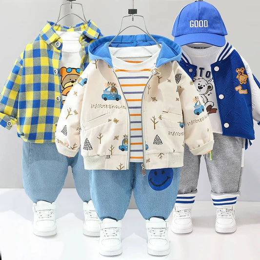 0-4 years old autumn new fashion cute car baby suit boys and girls long-sleeved striped three-piece children's sports suit