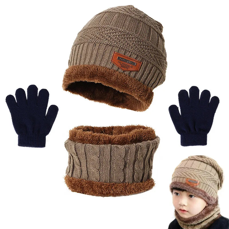 CH.KOUROSH Winter Hat Scarf and Gloves Set Plush Warmer Children Knitted Hat Baby Boys Beanies Cap Neck Scarf Glove Suit For Kids Accessori