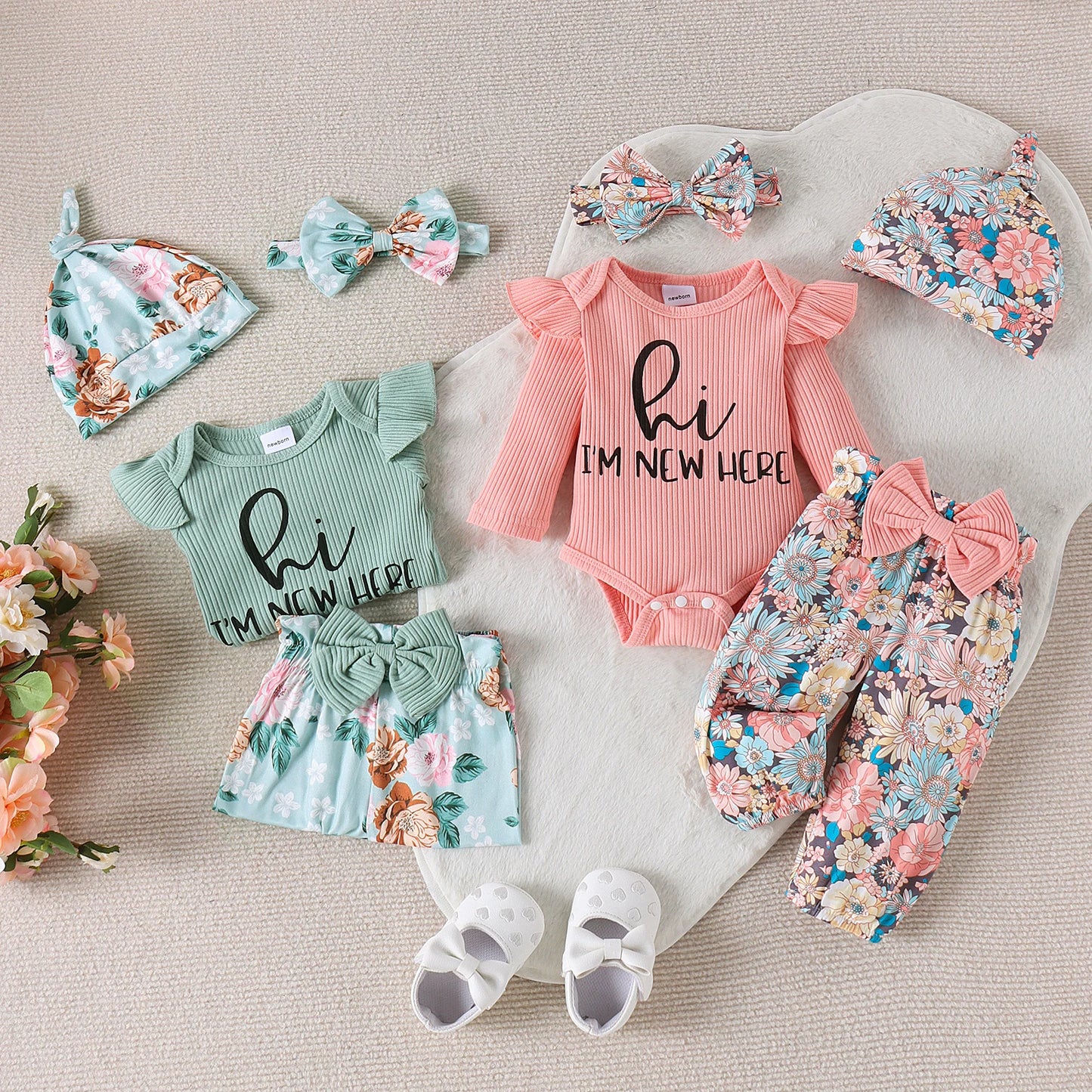 4PCS Autumn From 0 To June, Newborn Boys And Girls, Comfortable Casual Letter-Printed Pit Strip Top + Trousers + Hair Band Hat