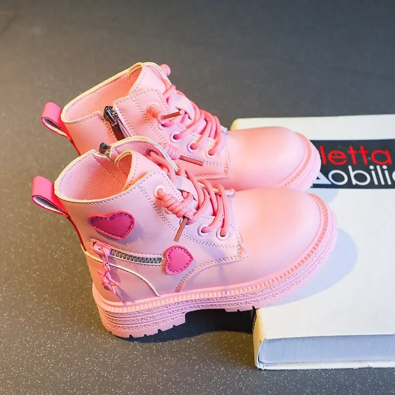 CH.KOUROSH Girls Ankle Boots Fashion Princess PU Leather Rubber Outsole Children's Short Boots Autumn Winter Zipper Pink with Love Heart