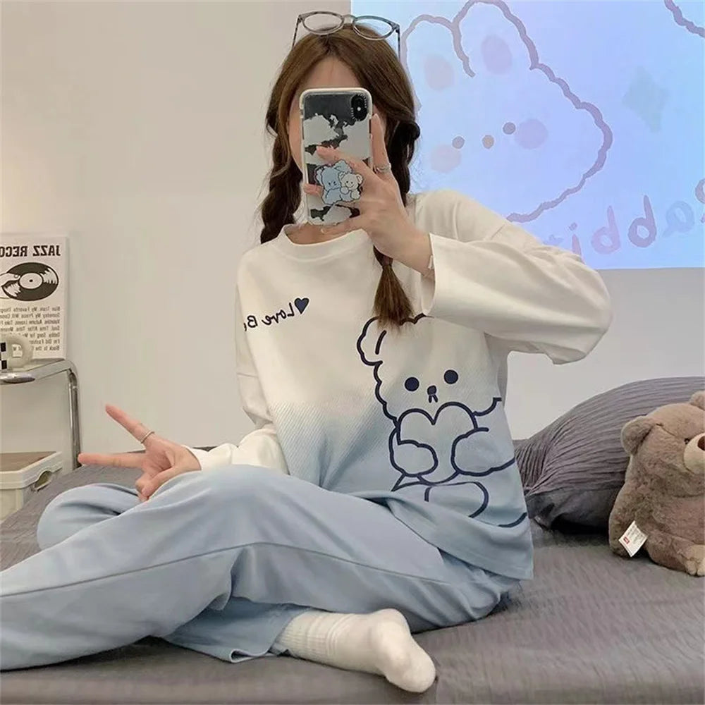 Cute Cartoon Casual Home Clothes New Fashion Women's Sleepwear Suit Long Sleeve Girls Homewear Sets Comfortable Female Pajamas