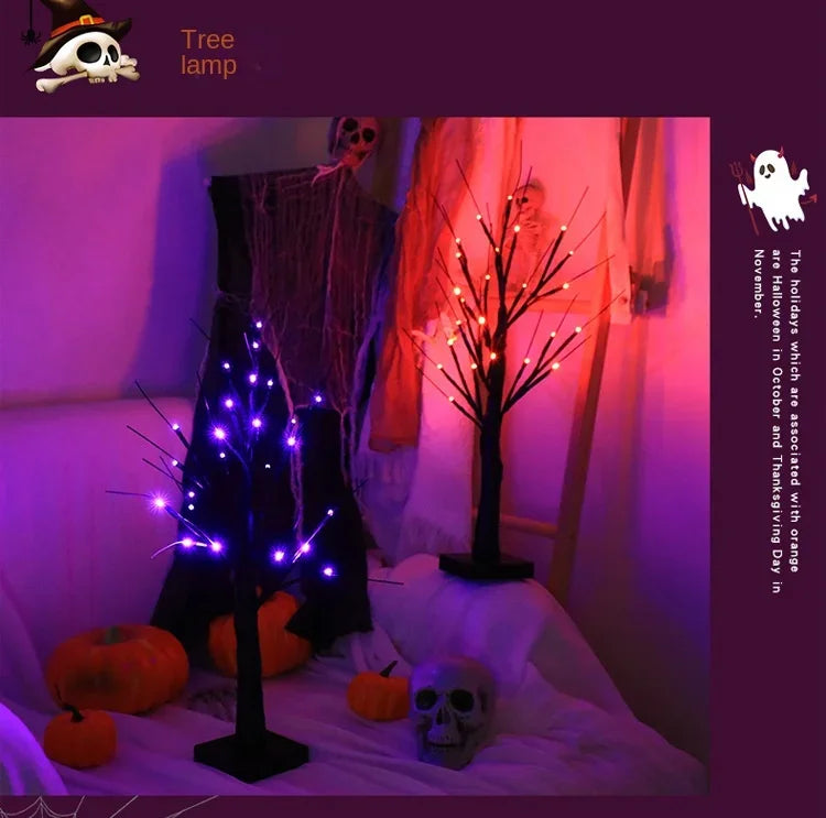 Halloween Decorations Gift Battery Operate 24 LED Lighted Halloween Tree Purple Led Black Glitter Lamp Desk Flower Lamp