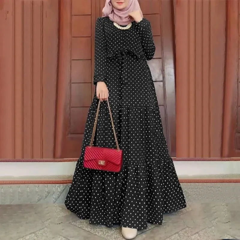 CH.KOUROSH New Moroccan Muslim Long Sleeve Round Dot Dress Fashionable Belt Sun Dress Party Long Vest In Stock