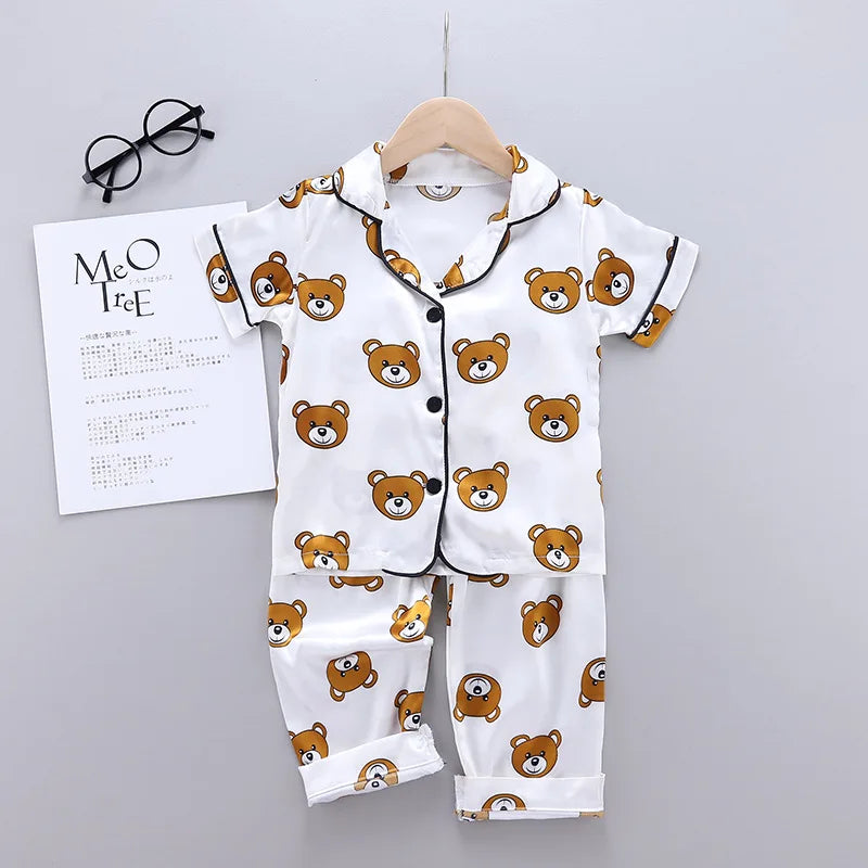 Children Silk Satin Pajamas Set Baby Boys Girls Cartoon Little Bear Tops Trousers 2Pec Spring Autumn Kids Casual Home Sleepwear