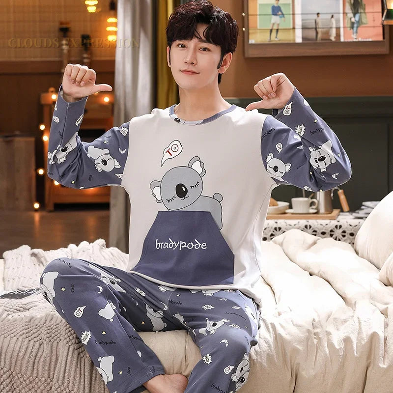 Spring Autumn Knitted Cotton Cartoon Men's Pyjamas Plaid Pajamas Set Casual Male Sleepwear Pyjamas Night Pijamas 4XL Homewear