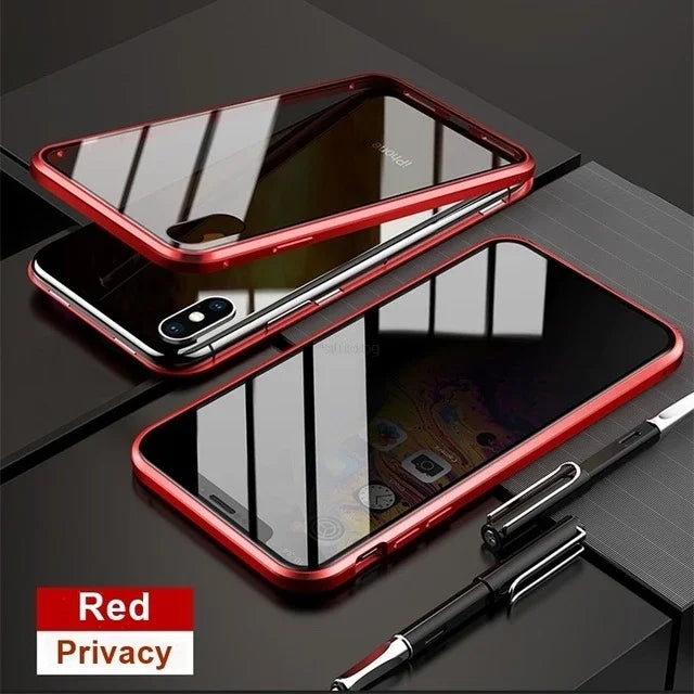 Magnetic Tempered Glass Privacy Metal Case For iphone 15 14 13 12 XR 11 Pro MAX X 7 8 6 Plus 360 Magnet Antispy Protective Cover