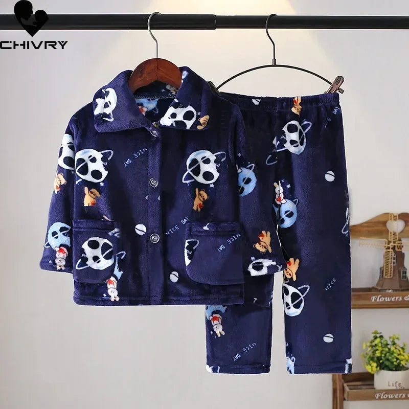 New Kids Boys Girls Autumn Winter Soft Flannel Pajamas Sets Cartoon Long Sleeve Lapel Tops with Pants Pyjamas Sleepwear Clothing