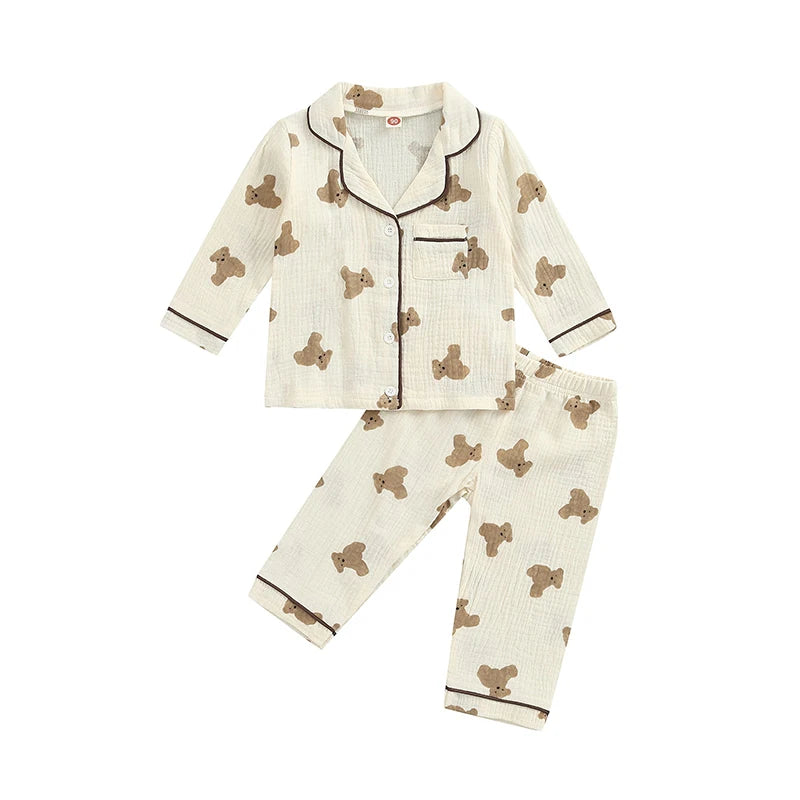 Kids Pajamas Set Children Boys Girl Lapel Collar Single Breasted Long Sleeve Shirts Tops and Pants Spring Autumn Sleep Clothes