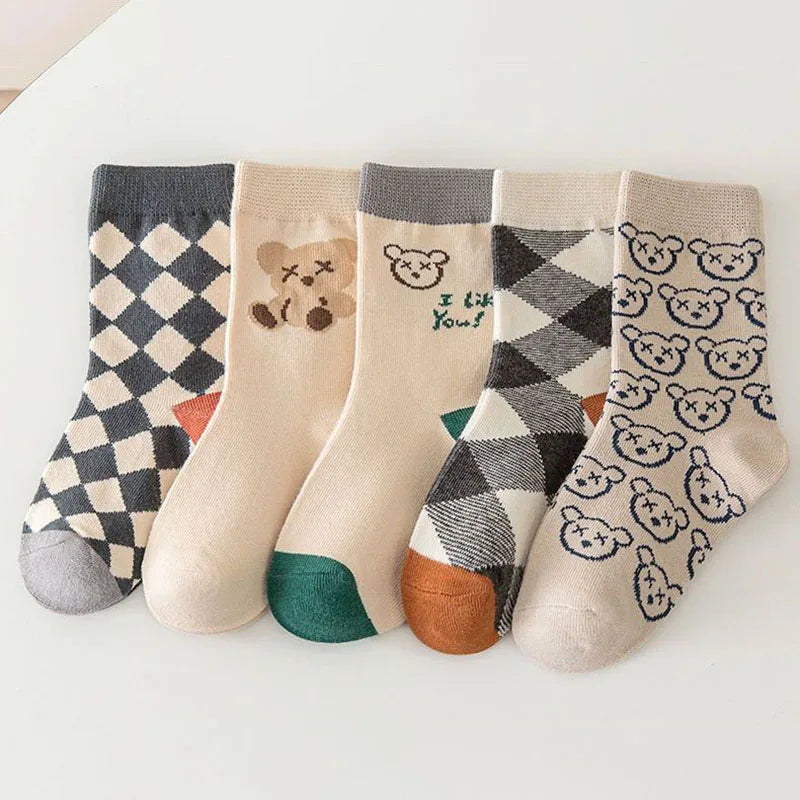 CH.KOUROSH 5Pairs/Lot Cute Bear Plaid Baby Socks Spring Autumn Soft Cotton Kids Middle Tube Socks For Boys Girls Casual Sports Sock