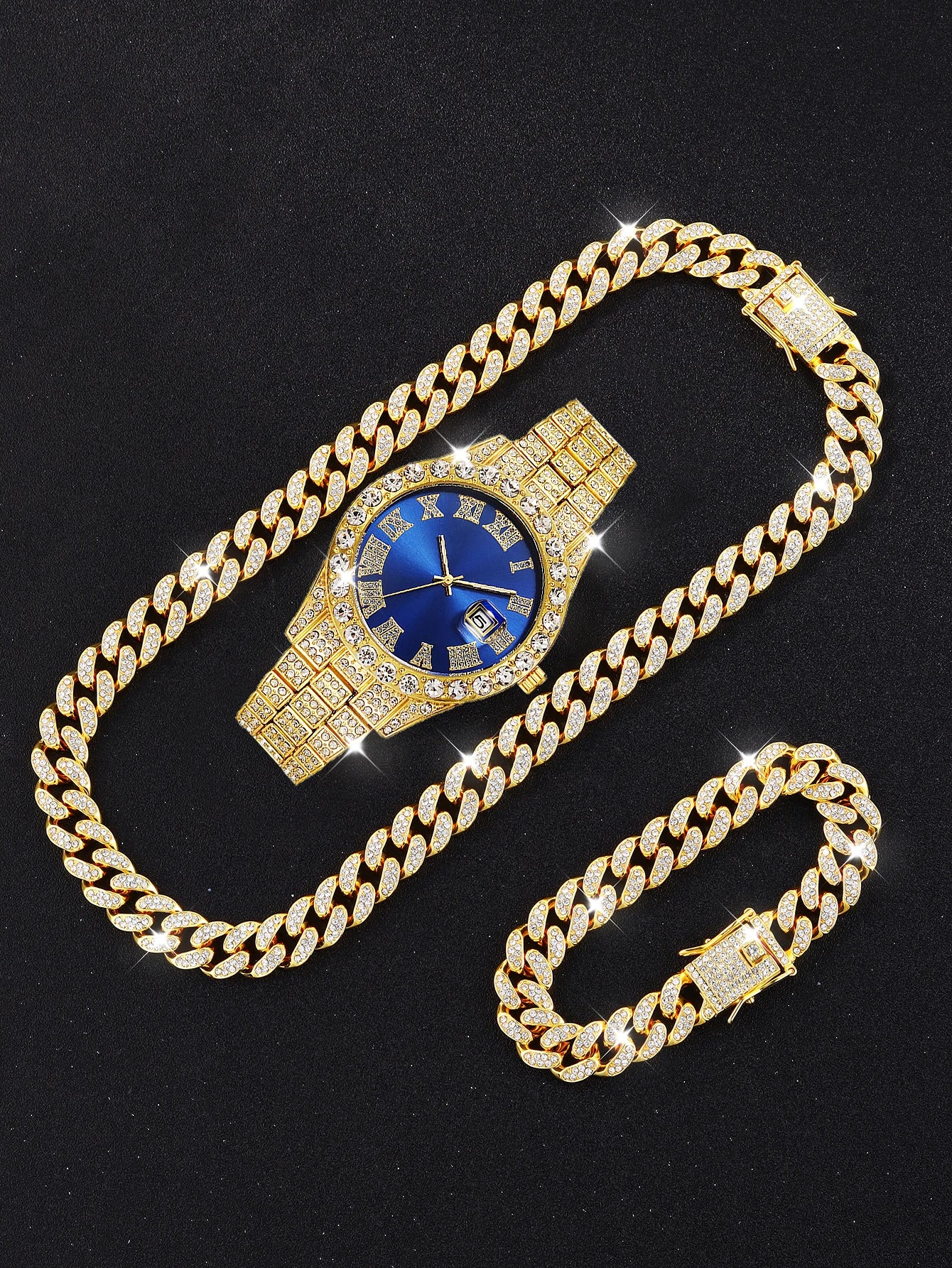 Luxury Women’s Jewelry Set with Watch, Necklace, Earrings & Ring - Gold Rhinestone Design