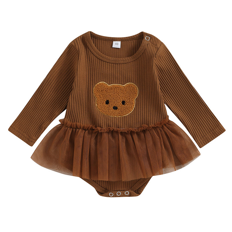 Pudcoco Infant Baby Girls Mesh Romper Dress Bear Pattern Long Sleeve Jumpsuits for Newborn Infant Toddler Cute Clothes 0-18M