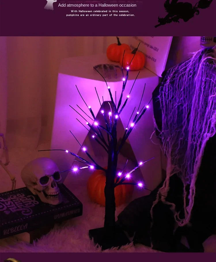 Halloween Decorations Gift Battery Operate 24 LED Lighted Halloween Tree Purple Led Black Glitter Lamp Desk Flower Lamp