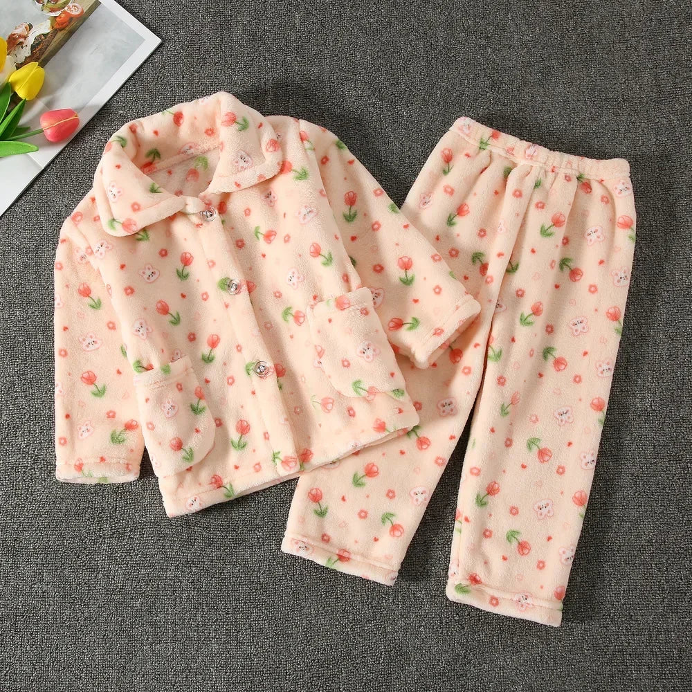 New Kids Boys Girls Autumn Winter Soft Flannel Pajamas Sets Cartoon Long Sleeve Lapel Tops with Pants Pyjamas Sleepwear Clothing