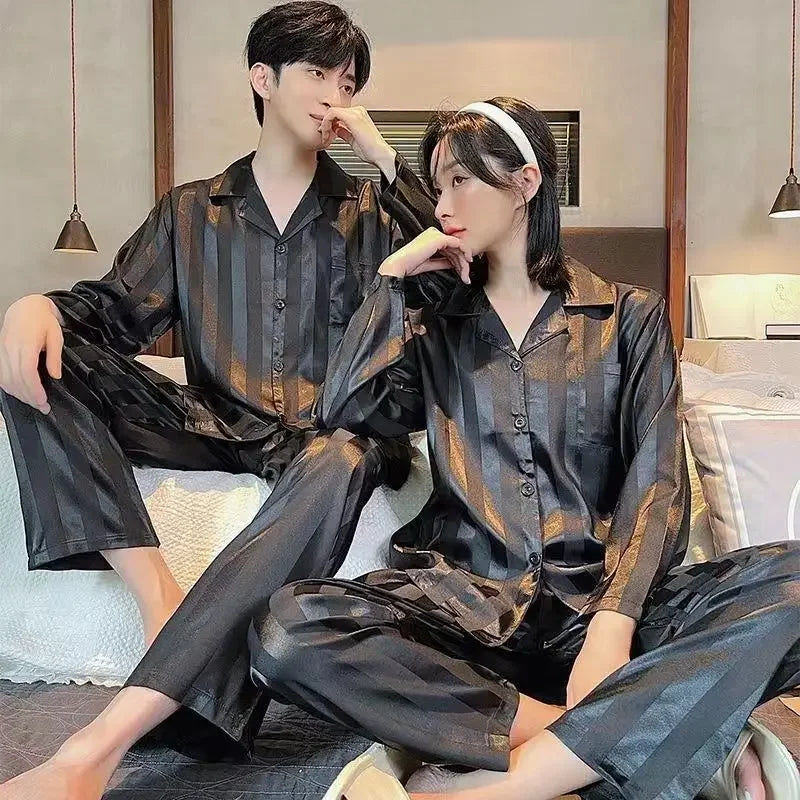 New Couple Pajamas Women Spring Autumn Ice Silk Large Size Sleepwear Long Sleeved Thin Style Summer Men's V-neck Homewear