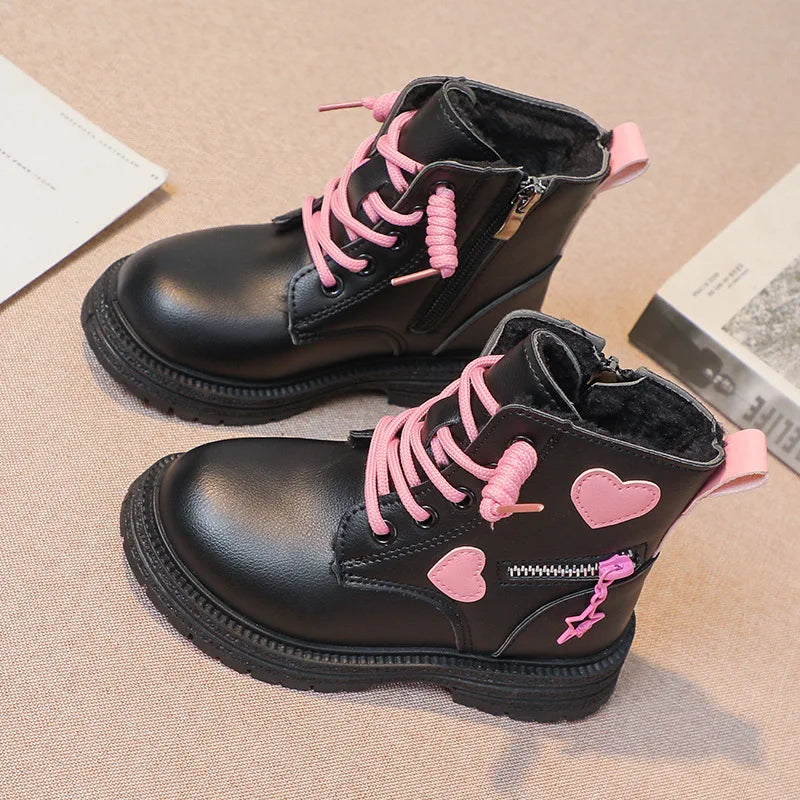 CH.KOUROSH Girls Ankle Boots Fashion Princess PU Leather Rubber Outsole Children's Short Boots Autumn Winter Zipper Pink with Love Heart