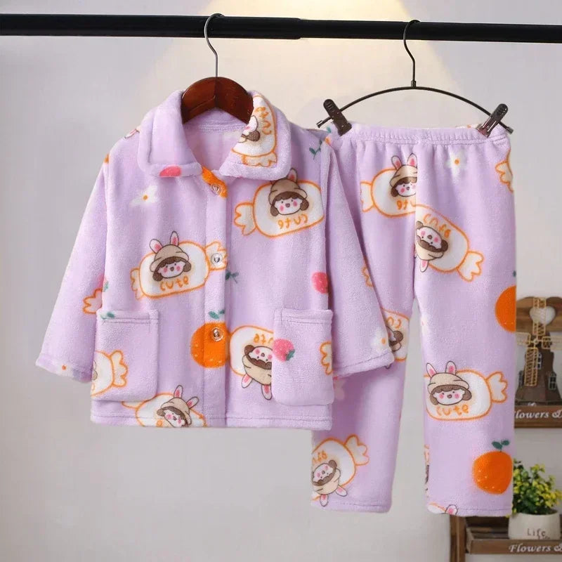 New Kids Boys Girls Autumn Winter Soft Flannel Pajamas Sets Cartoon Long Sleeve Lapel Tops with Pants Pyjamas Sleepwear Clothing