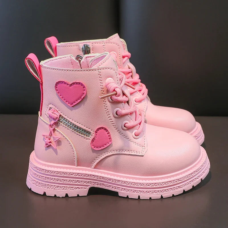 CH.KOUROSH Girls Ankle Boots Fashion Princess PU Leather Rubber Outsole Children's Short Boots Autumn Winter Zipper Pink with Love Heart