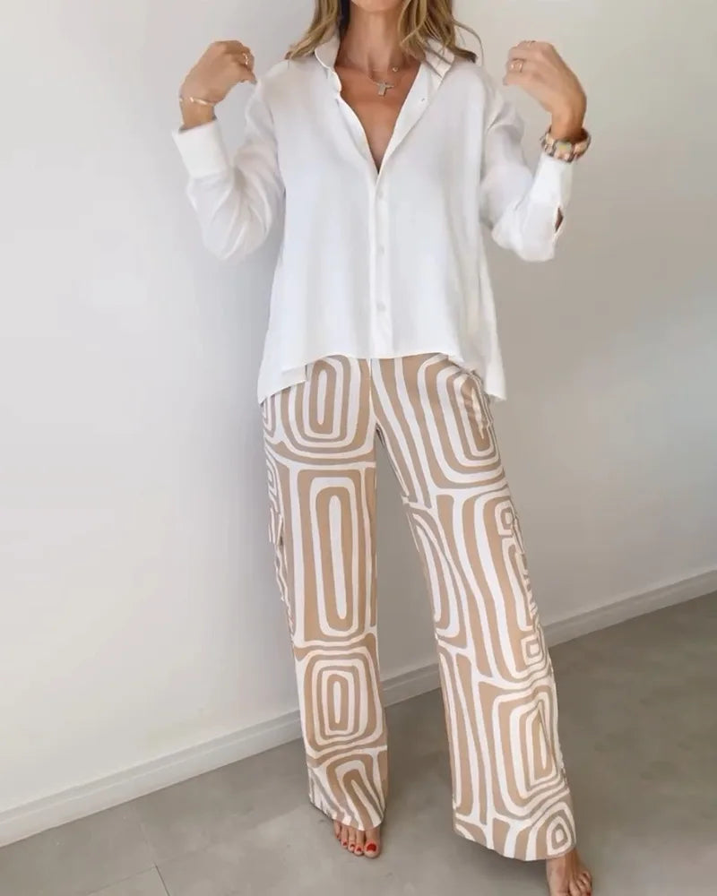 Leisure Women's Set 2024 Spring and Autumn New High end Sentiment Printed Temperament Shirt Loose Pants Two piece Set