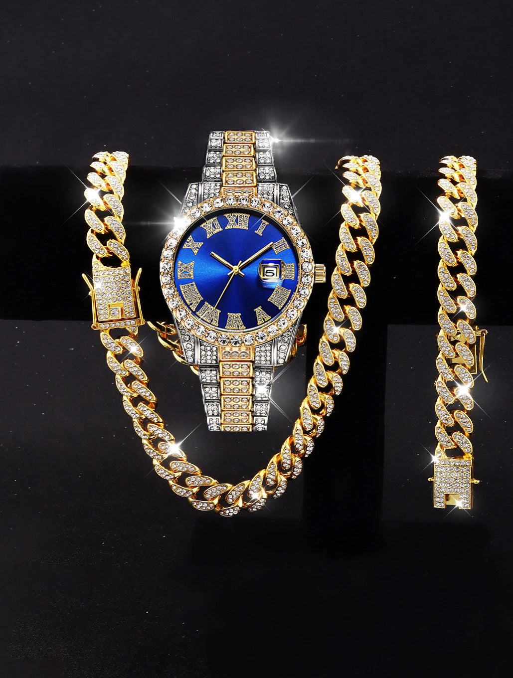 Luxury Women’s Jewelry Set with Watch, Necklace, Earrings & Ring - Gold Rhinestone Design