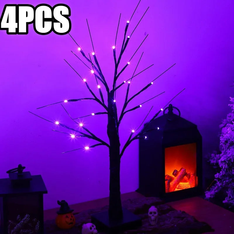 Halloween Decorations Gift Battery Operate 24 LED Lighted Halloween Tree Purple Led Black Glitter Lamp Desk Flower Lamp