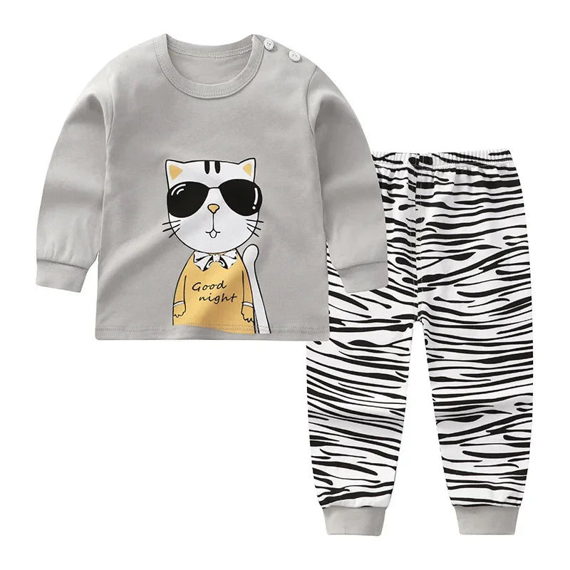 New Kids Boys Girls Pajama Sets Cartoon Print Long Sleeve Cute T-Shirt Tops with Pants Toddler Baby Sleeping Clothing Sets