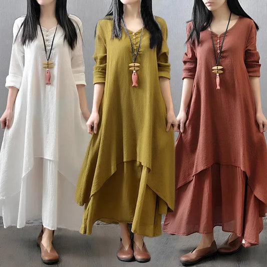 CH.KOUROSH  Spring Autumn New Two-piece Illusion Long Dress Artistic Wide Hemming Hemp Dress Loose Fit Long Sleeve Cotton Hemp Skirt