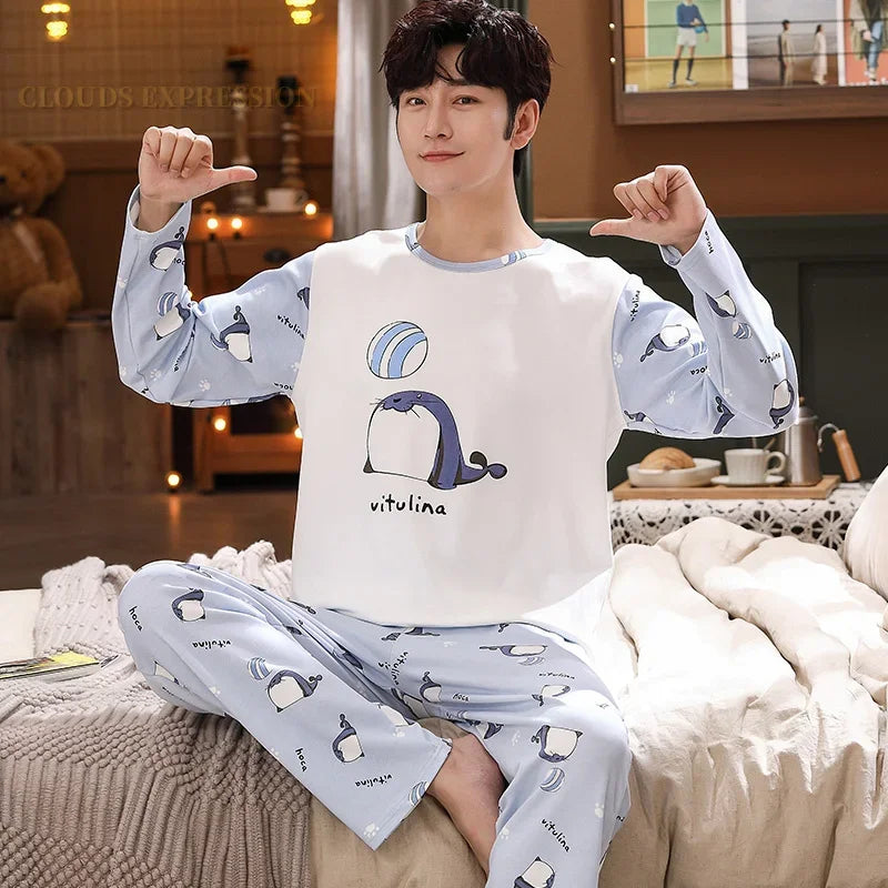 Spring Autumn Knitted Cotton Cartoon Men's Pyjamas Plaid Pajamas Set Casual Male Sleepwear Pyjamas Night Pijamas 4XL Homewear