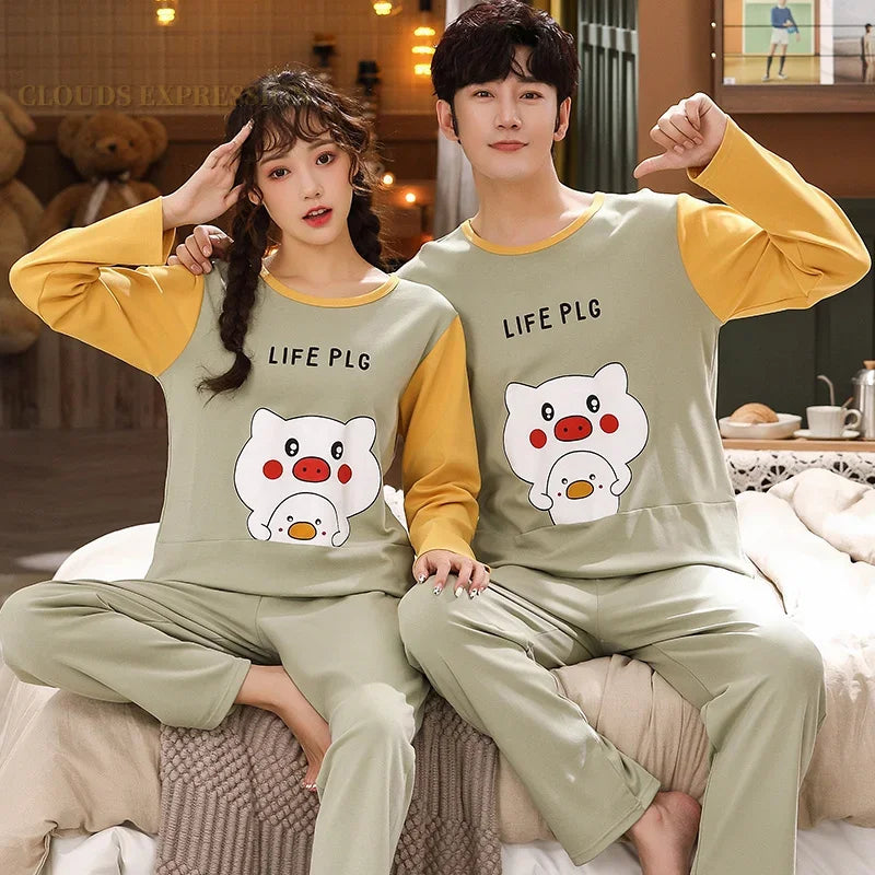 Spring Autumn Knitted Cotton Cartoon Men's Pyjamas Plaid Pajamas Set Casual Male Sleepwear Pyjamas Night Pijamas 4XL Homewear